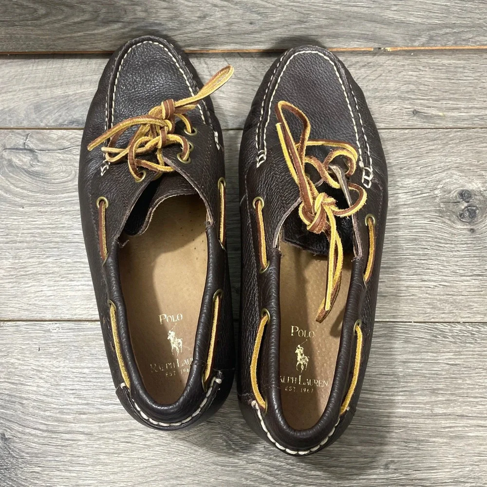 Polo Ralph Lauren Boat Shoes Mens 10.5 D Dark Brown Bienne II Pebbled Leather
